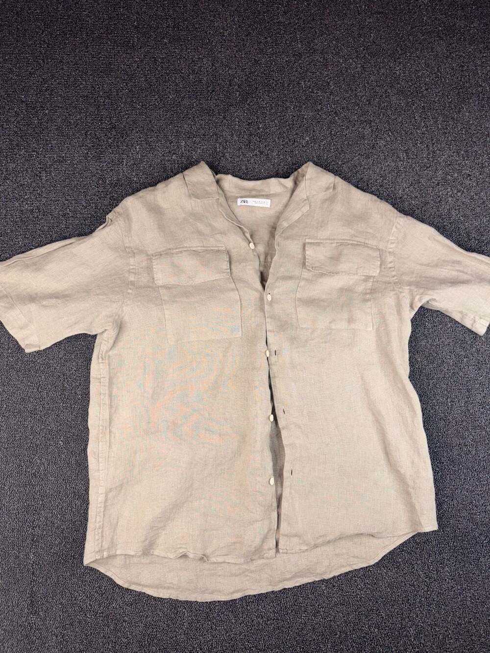Zara Linen Short Sleeve Button Up Shirt Size M Beige